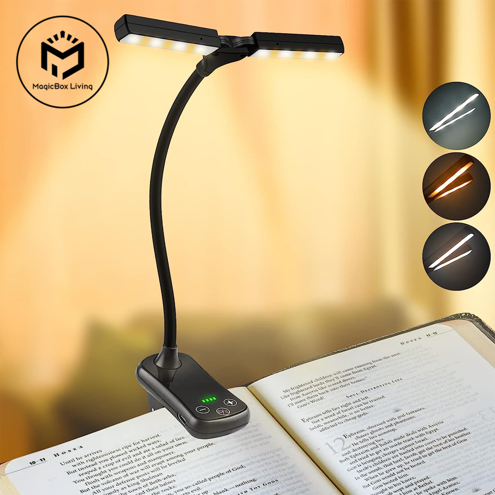 USB Recarregável Clip On Book Light, Lâmpada de leitura portátil, Mini Desk Lamp, 3 Cores, 8 Brilho, 14 LED
