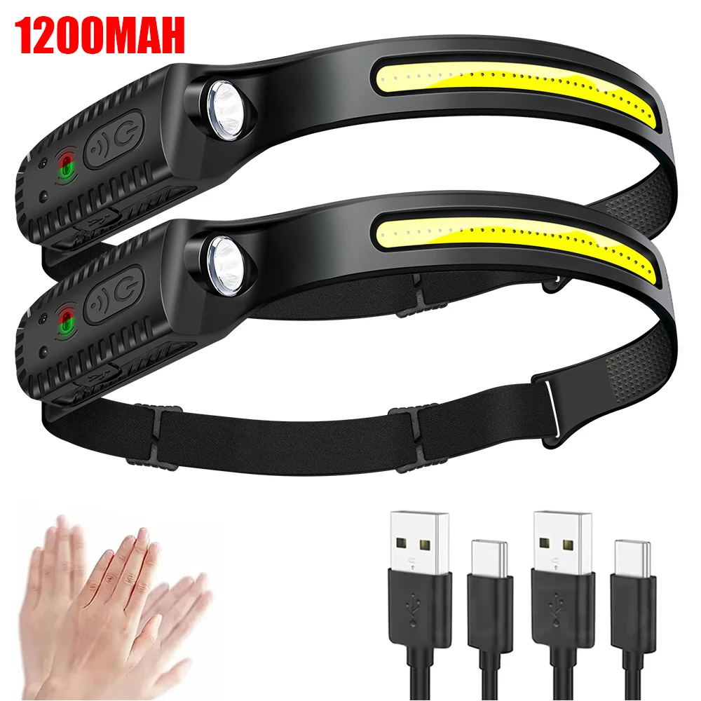 Potente linterna frontal con Sensor LED, linterna frontal recargable por USB, cabeza Led con batería integrada, linterna para pesca y Camping