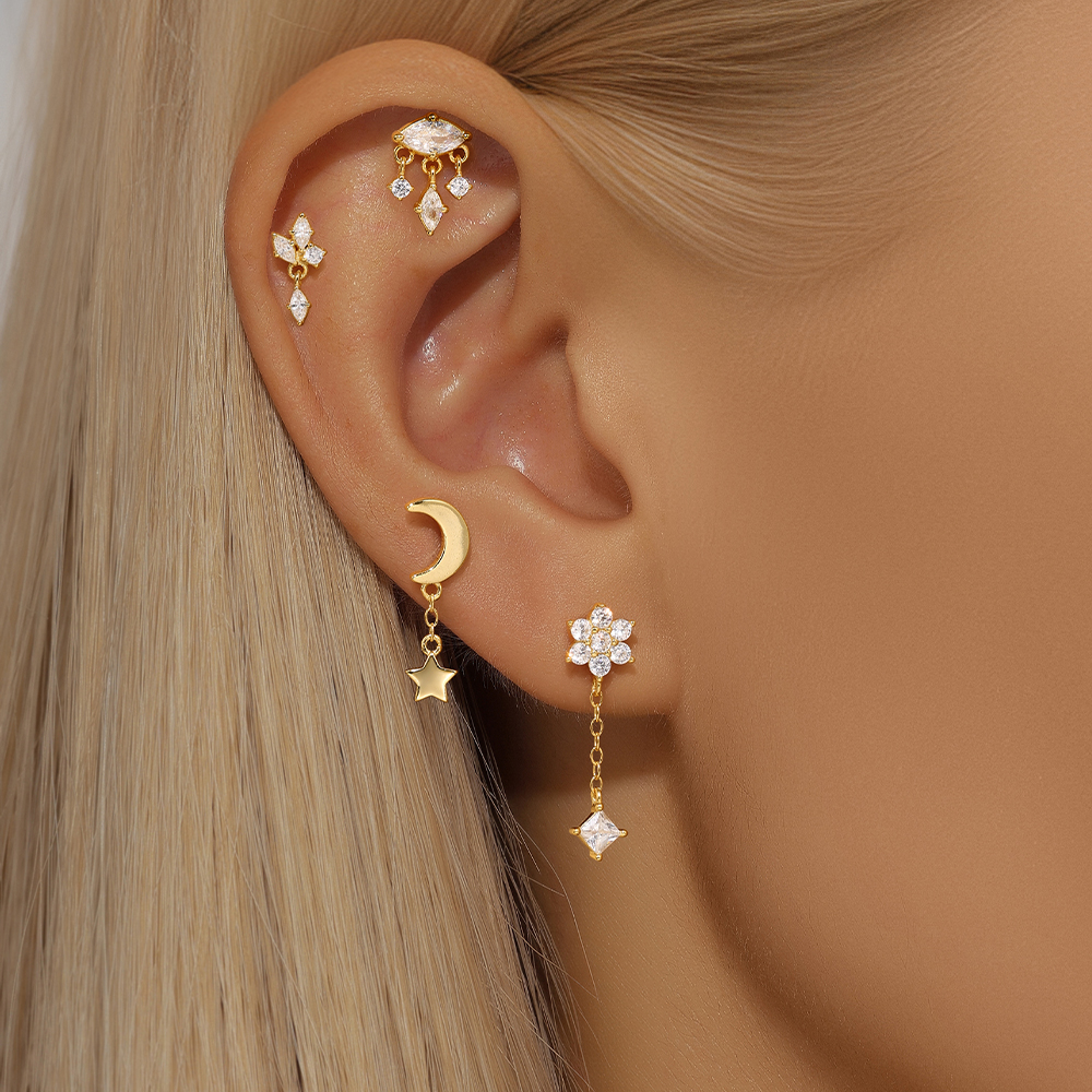 CANNER 1Pc 925 Silver Smooth Stars Moon Stud Earrings For Women 18K Gold Flat Head Threaded Puncture Ear Bone Ins Fine Jewelry