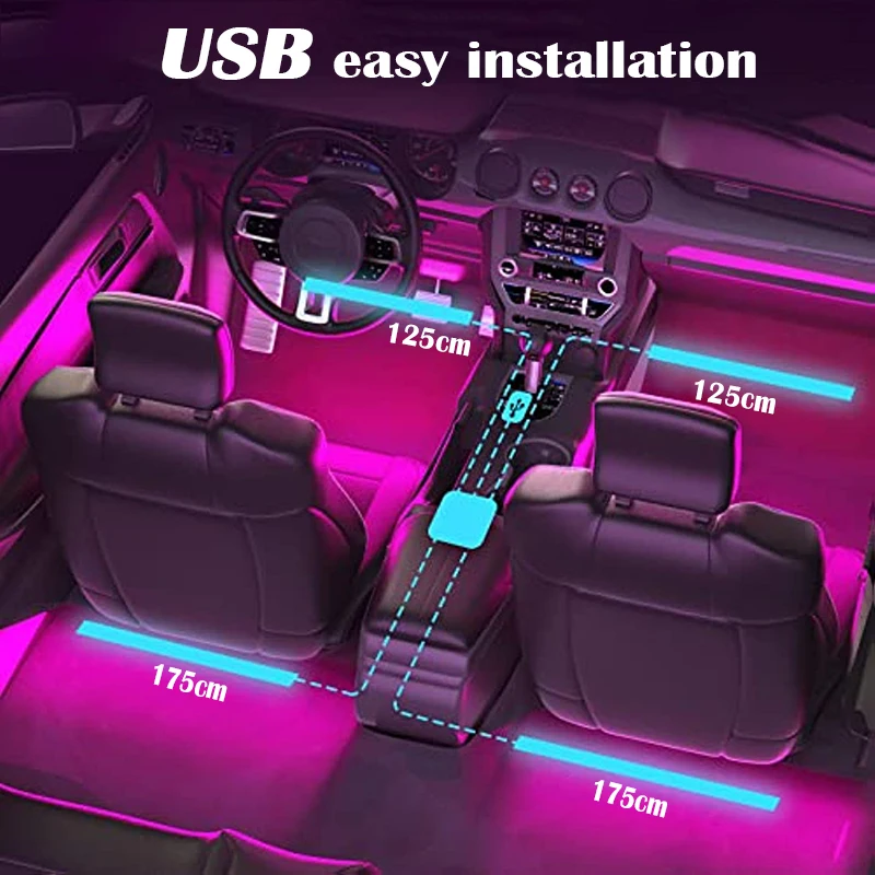 Striscia luminosa per musica per auto a LED 48 LED USB Smart Bluetooth APP Controllo Striscia luminosa per atmosfera interna per auto RGB multicolore impermeabile