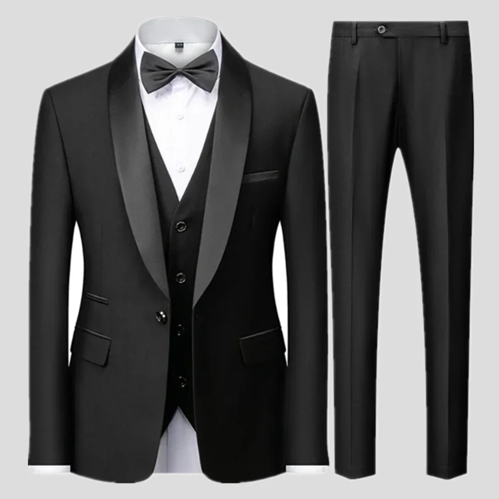 Schwarz Männer Herbst Hochzeit Party Drei Stücke Set Große Größe Männliche Blazer Mantel Hosen und Weste Mode Slim Fit Anzug
