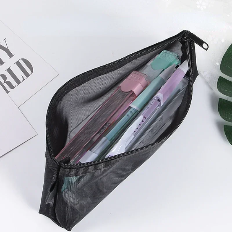 Grau Schwarz Make-Up Fall Große Kapazität Mesh Transparent Kosmetik Pinsel Taschen Studenten Einfarbig Zipper Nylon Federmäppchen