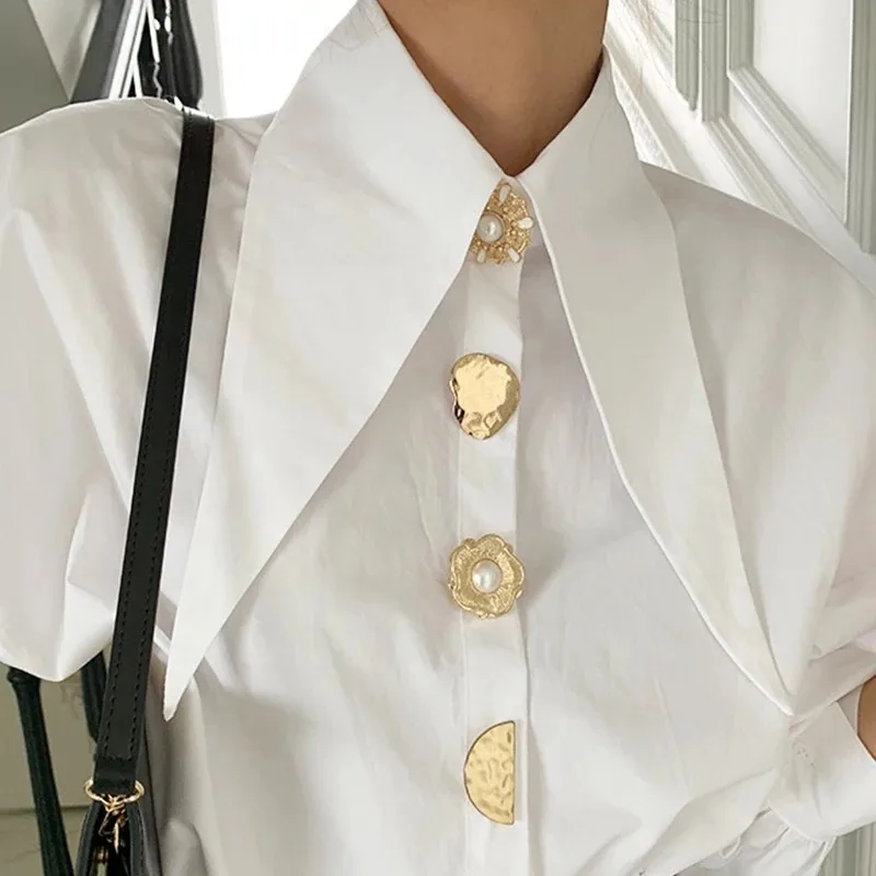 Branco elegante pérola camisas femininas coreano gola de canto afiado solto manga longa senhoras blusa y2k moda nova chique feminino topos