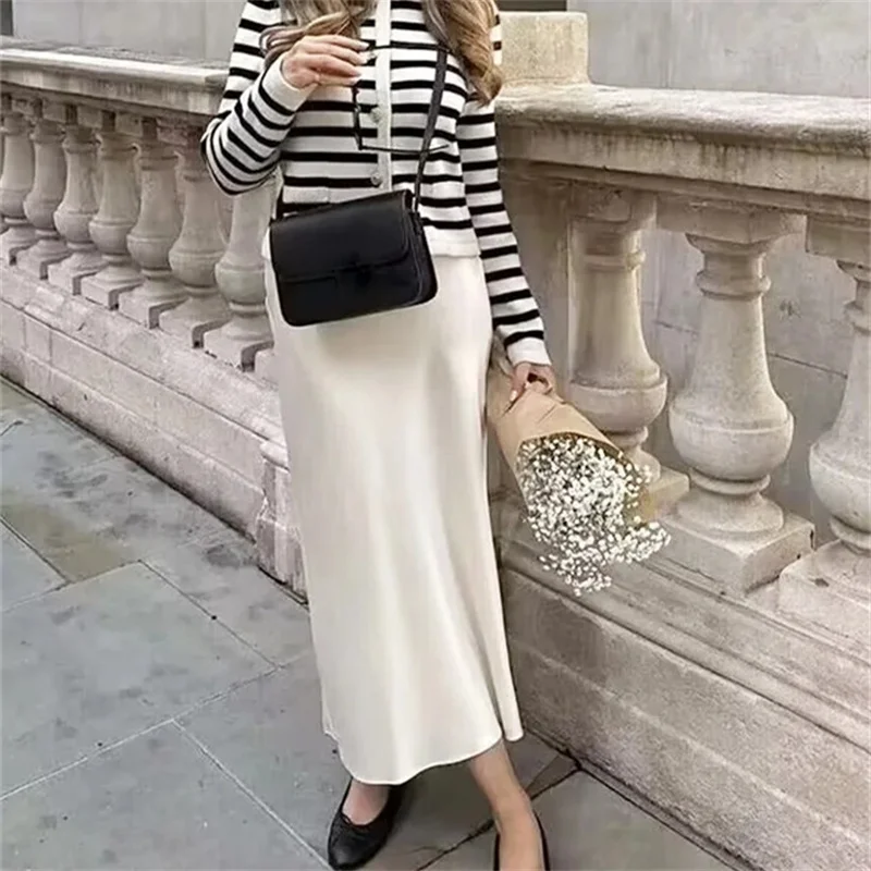Asds Zwarte Satijnen Rok Vrouw Strik Elegante Lange Rokken Voor Vrouwen 2024 Zomer Hoge Taille Midi Rok Mode Nieuw In Damesrokken