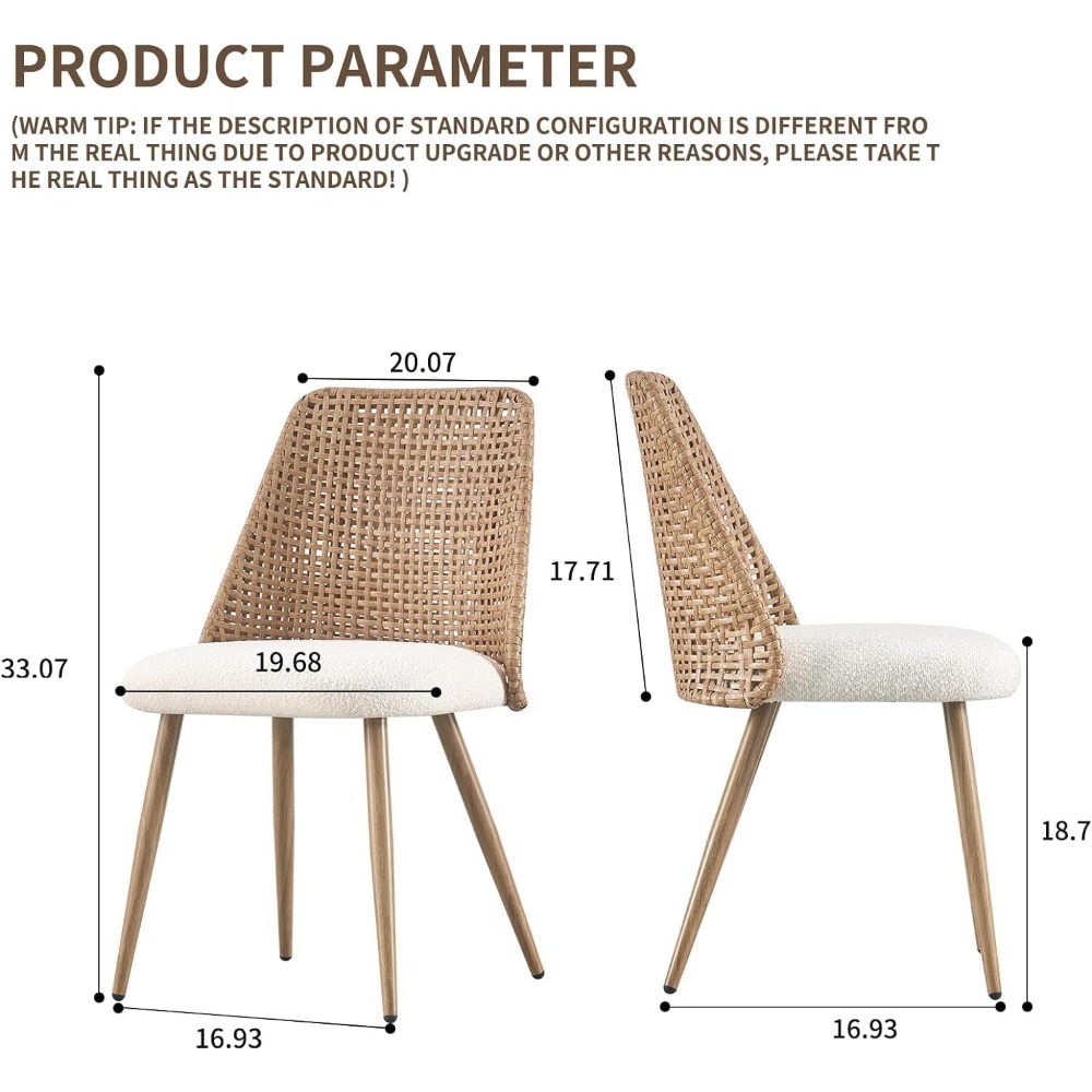 Rattan Dining Chairs Set of 4,Accent Upholstered Boucle Kitchen Room Chairs,Mid Century Modern Dining Room Chairs