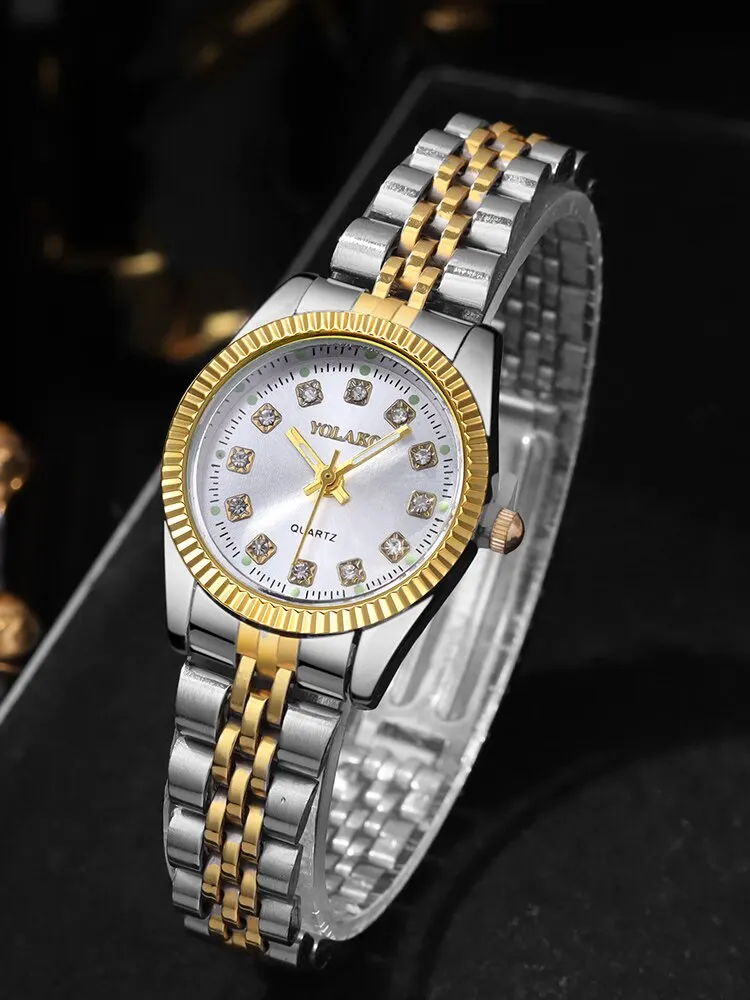 1 reloj de pulsera de cuarzo con banda de acero dorado para habitación redonda a la moda para mujer