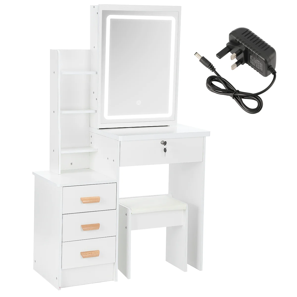 Toeletta con luci a LED e luminosità regolabile, scrivania con specchio, 4 cassetti, 6 ripiani nascosti e sgabello