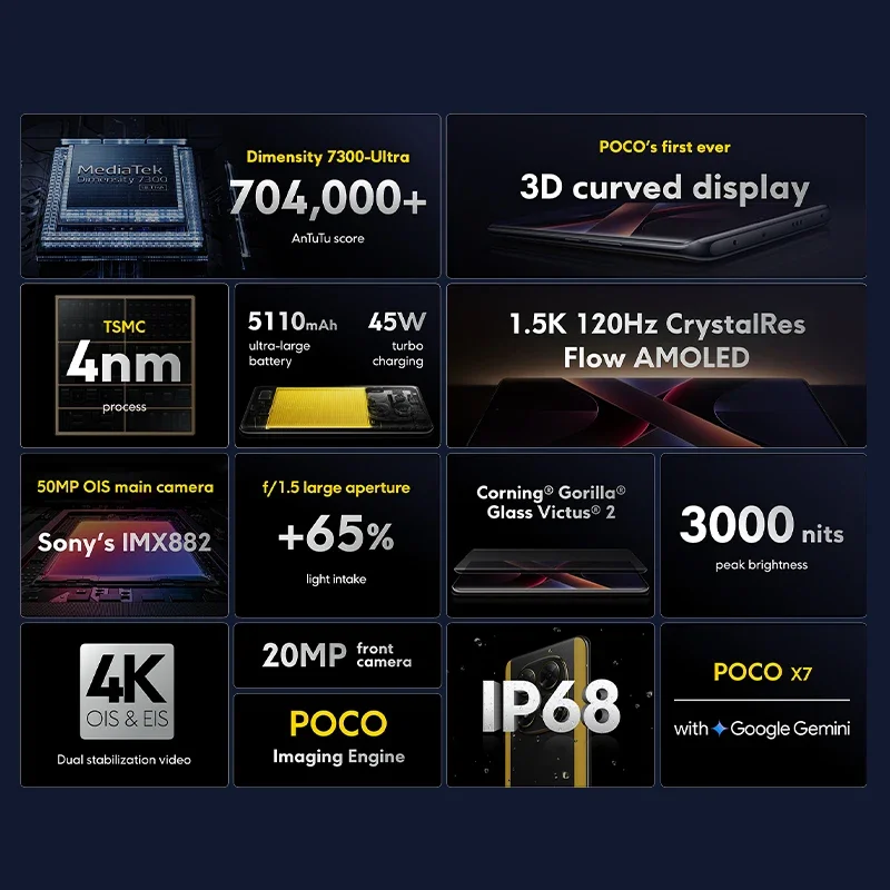 【Marca +】POCO X7 Smartphone Dimensity 7300-Ultra 6,67 "120 Hz AMOLED Display 45W 5110mAh 50MP Câmera IP68 Xiaomi HyperOS NFC
