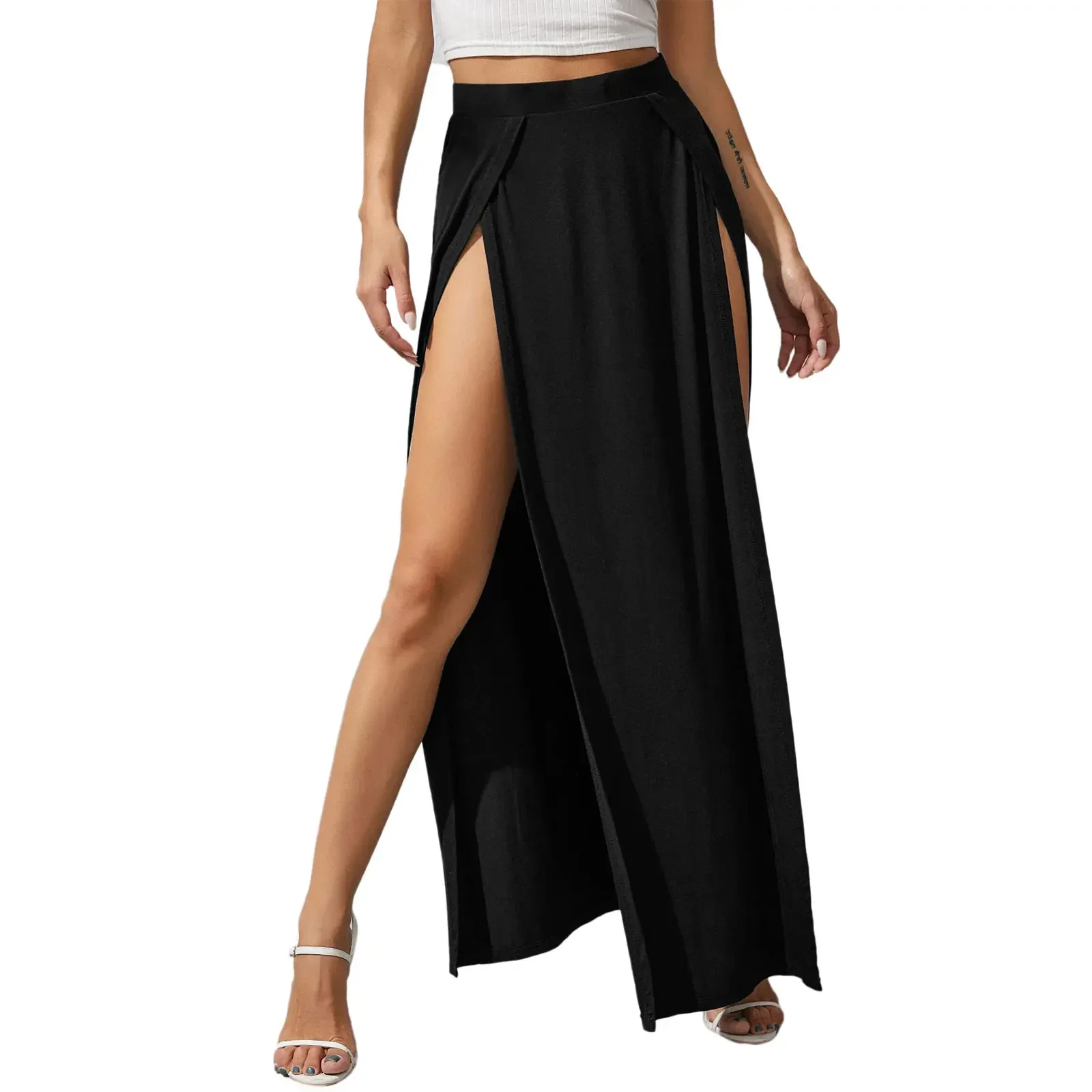Combhasaki, ropa de playa bohemia de verano para mujer, faldas largas elásticas de cintura alta de Color sólido con abertura alta y ajuste holgado con absorción de sudor