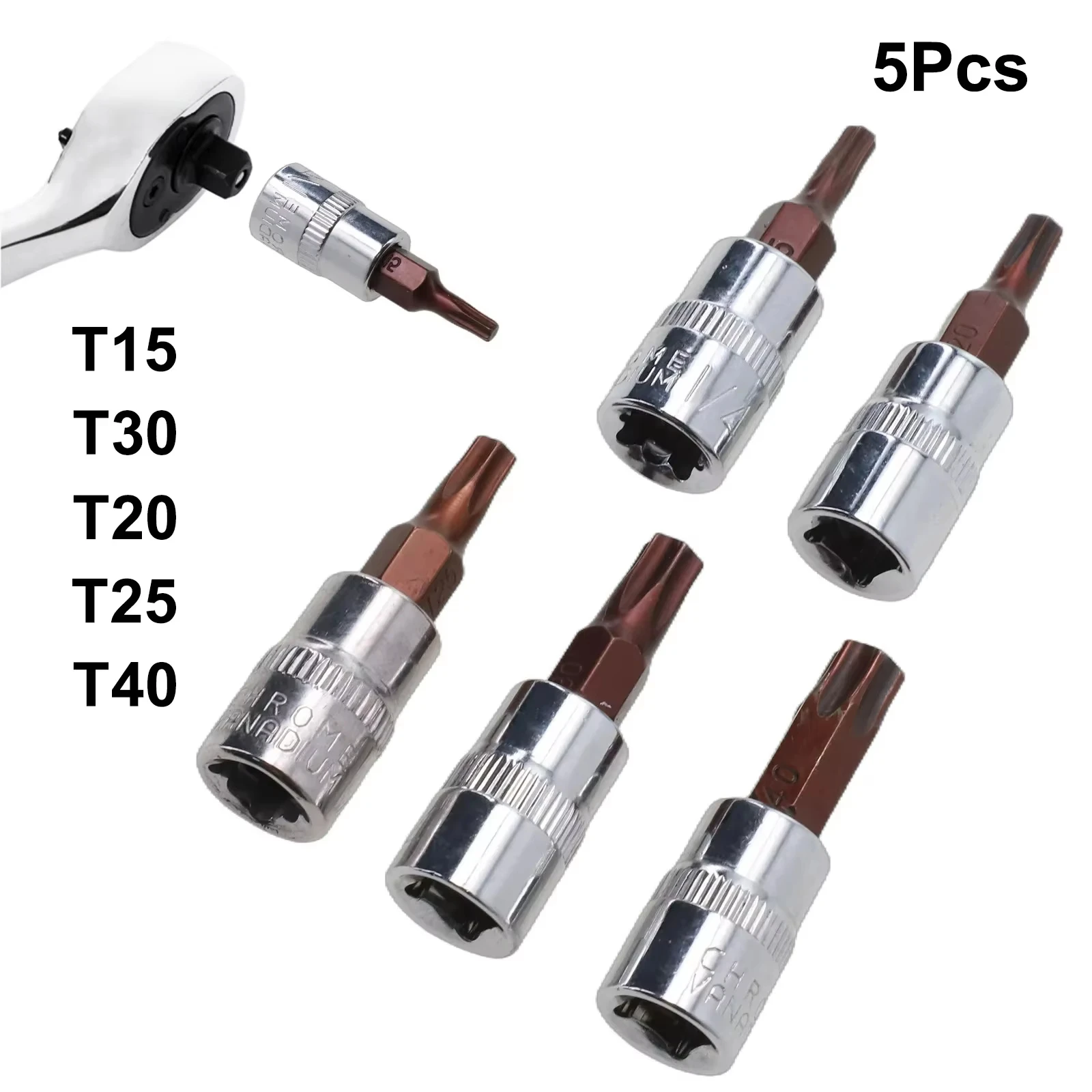 Rafford 5 Pcs Torx Screwdriver Bits 1/4 Inch Drive Socket Head Tools T15 T20 T25 T30 T40 Socket Wrench Adapter Hand Tools