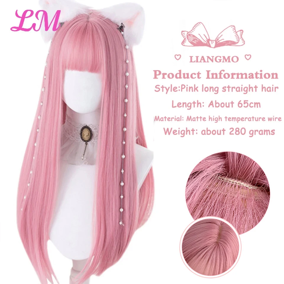 LM Cosplay Peruca Com Franja Cabelo Liso Sintético 24 Polegada Longo Peruca Rosa Resistente ao Calor Para Mulheres