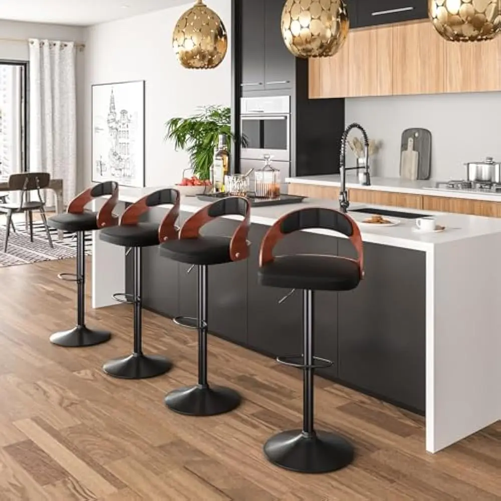 Bar Stool Set of 4, Island Stools w/Bentwood Back, Arm&Footrest, Island Chairs Adjustable Height PU Leather Cushion Seat