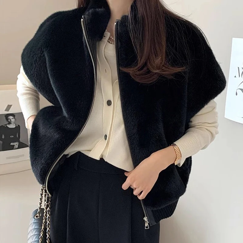 Colete de Pele Sintética Vintage Simples com Gola Alta para Outono e Inverno, Estilo Versátil com Zíper para Mulheres
