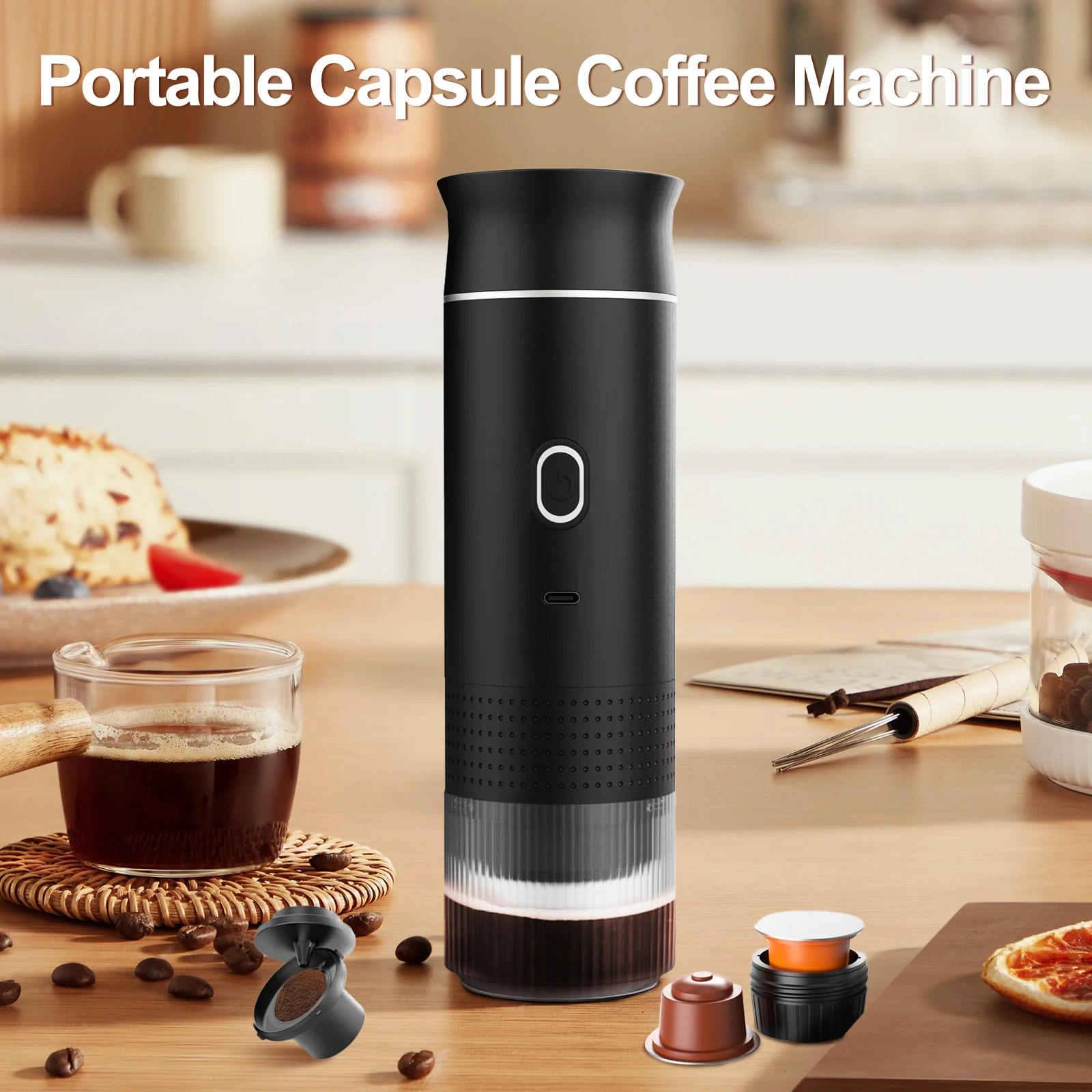 Drahtlose elektrische tragbare Espressomaschine für Auto und Zuhause, Camping, Kaffeemaschine, 3-in-1-Kapselpulver-Reise-Kaffeemaschine
