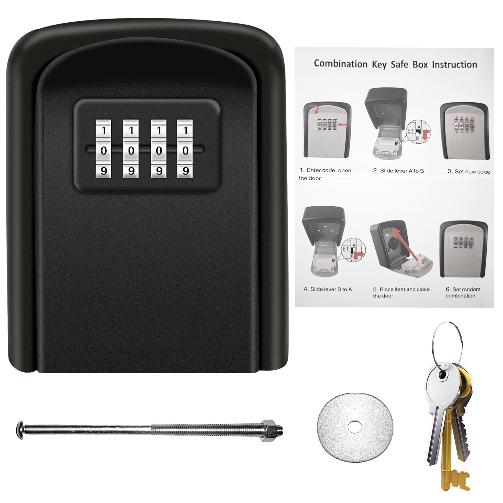 Black/Gold/Silver Metal Key Lock Box Outdoor Wall Mounted Key Holder Organizer 4 Digit Combination Security Storage Secret Box