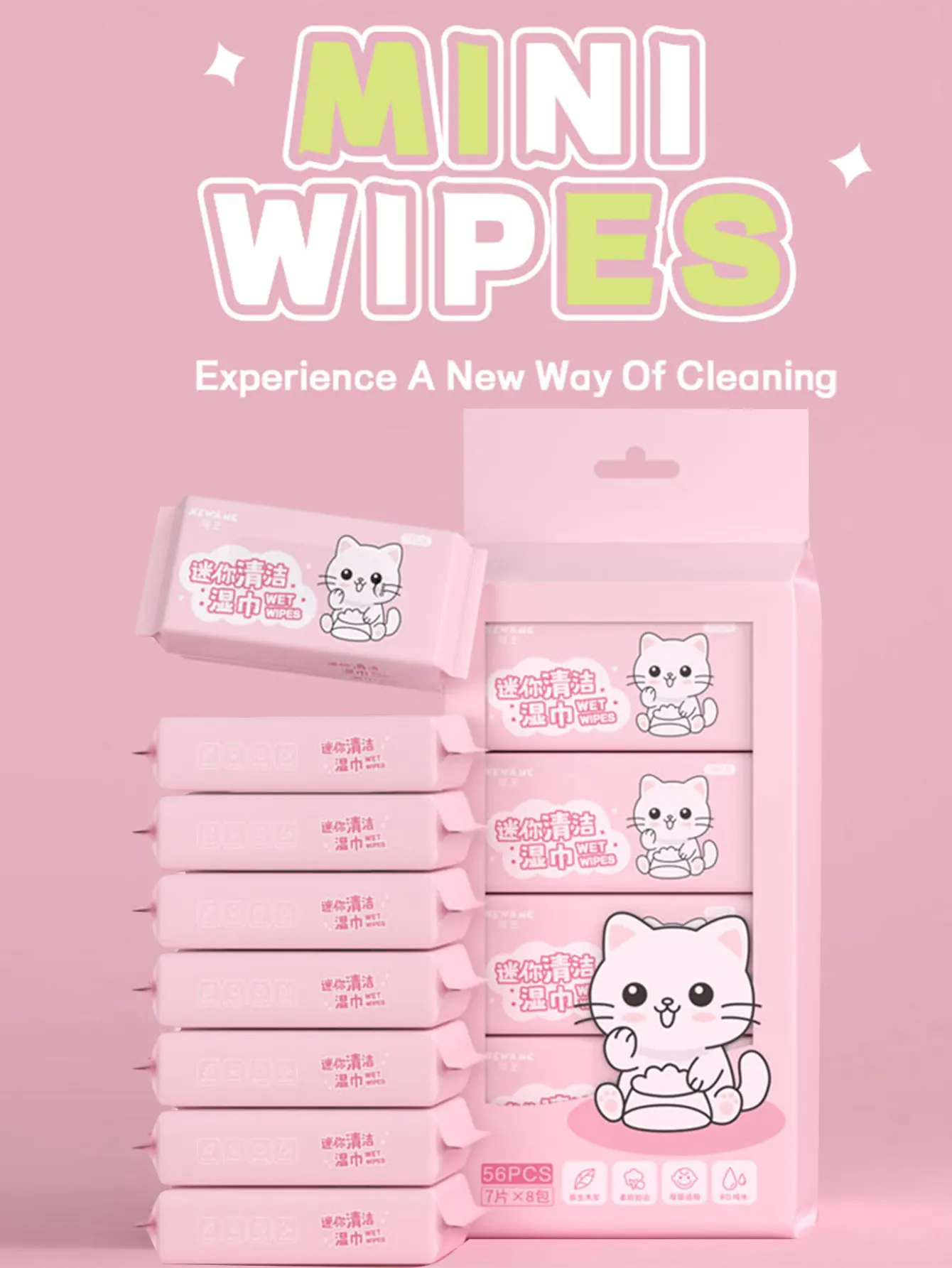 56 piezas de mini toallitas de gatito rosa, 1 paquete x 8 bolsas pequeñas: artículos esenciales de viaje, suaves y gruesos, envueltos individualmente, limpieza s