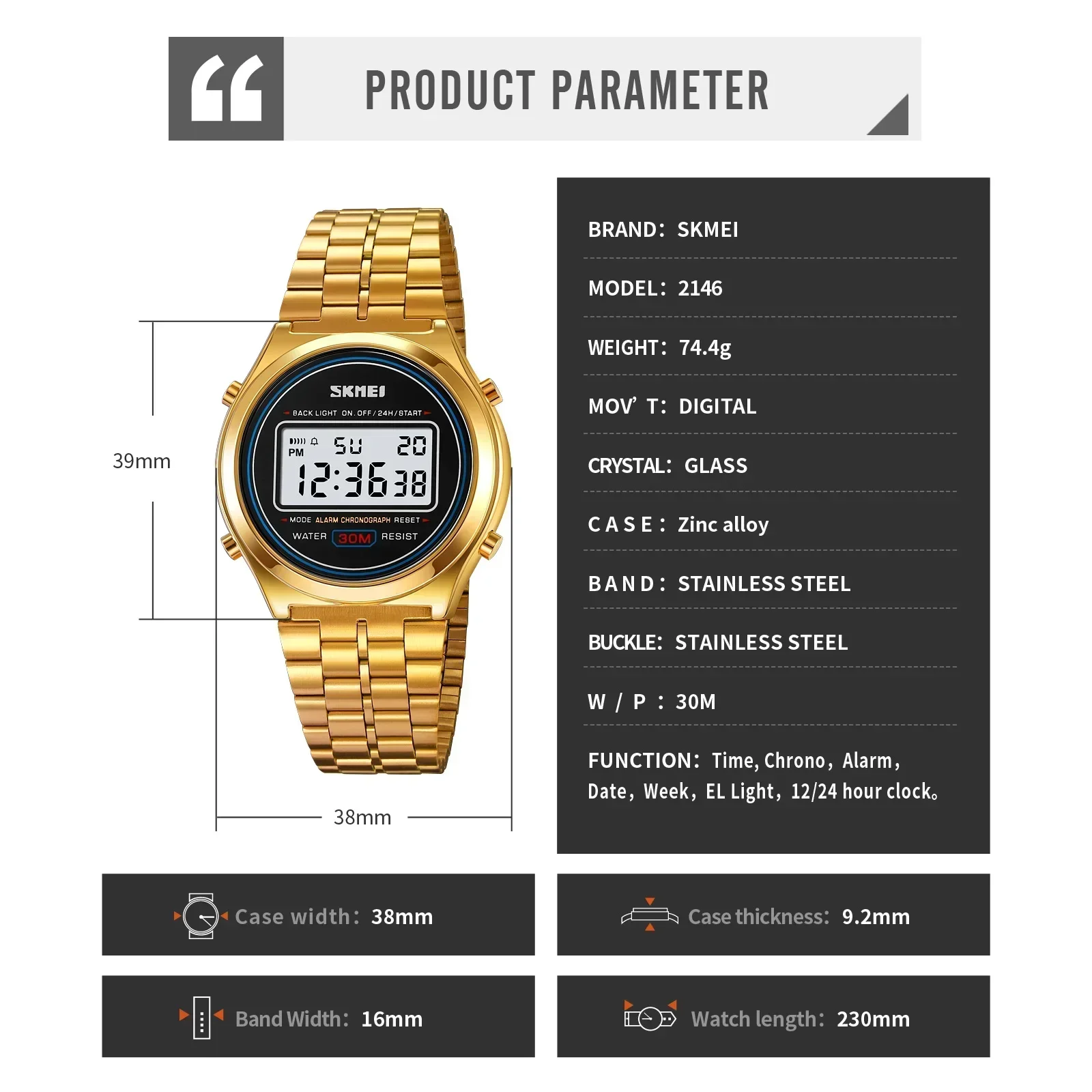 Reloj de pulsera SKMEI 2146 de acero inoxidable resistente al agua con alarma y fecha para hombre, cronómetro con pantalla de luz trasera, relojes deportivos digitales