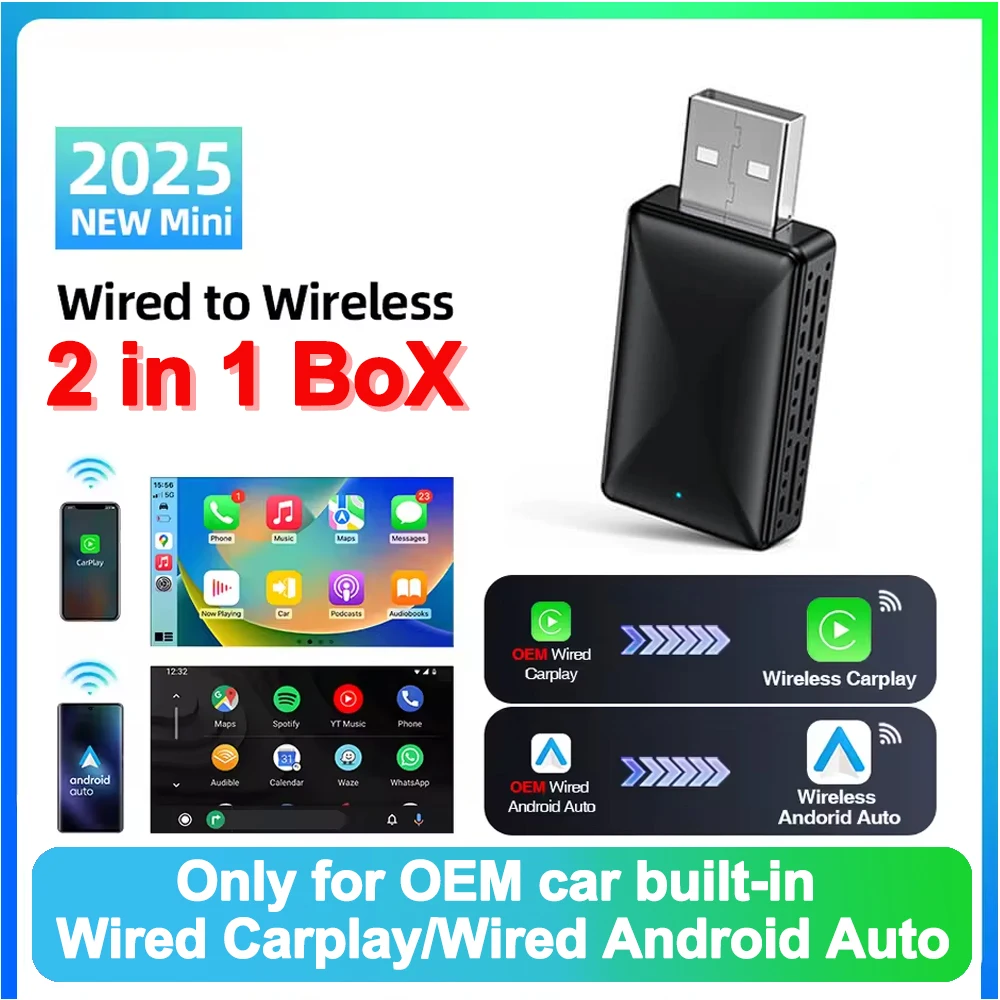 2-in-1 안드로이드 오토 무선 카플레이 어댑터 스마트 미니 블루투스 와이파이 USB 동글 (OEM 차량용 플러그 앤 플레이, 와이파이 블루투스 자동 연결)