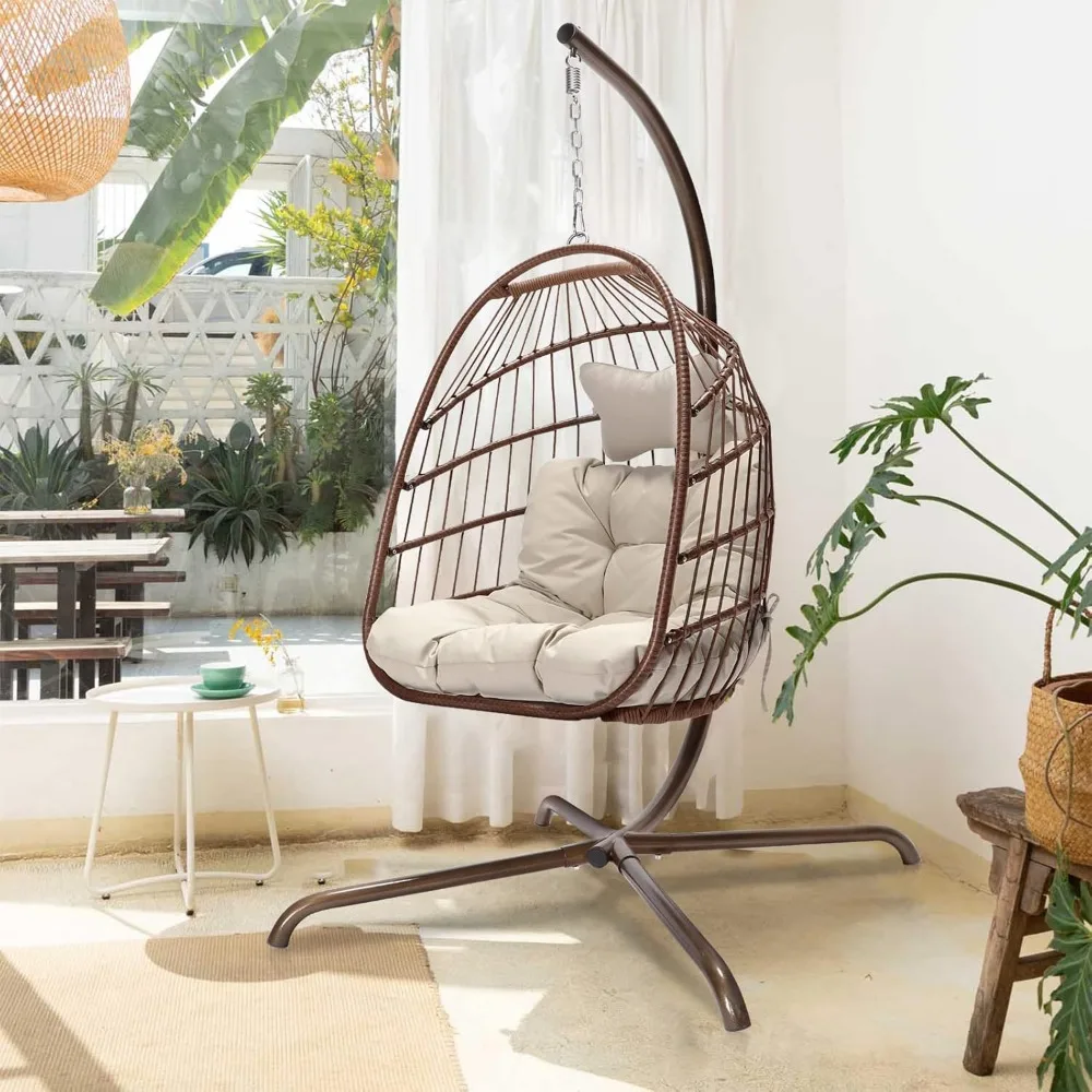 Swing Egg Chair Indoor Outdoor Patio Wicker Hanging Chair with Stand All Weather Egg Hammock Chairs with Cushions Swinging Chair