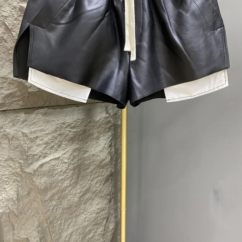 봄 가을 패션 블랙 화이트 컬러 매칭 Drawstring PU 가죽 반바지 여성 루즈 캐주얼 우아한 스플릿 와이드 레그 바지