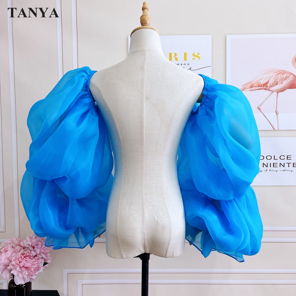 Sky Blue Organza Puffy Detachable Sleeves For Wedding Up And Down Party Translusent Elegant Full Length Gloves Dance Accessories