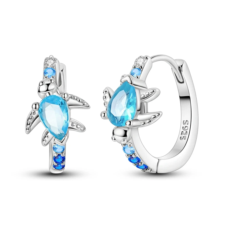 Brincos de argola de prata esterlina 925 originais, brincos de tartaruga azul para mulheres, zircônia brilhante, noivado fino, joias de casamento, presente