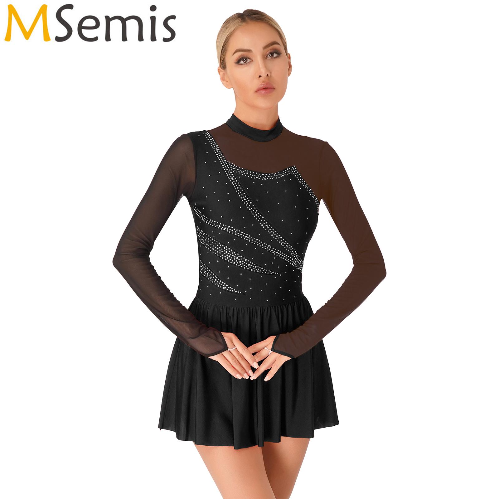 Damen Gymnastik Ballett Tanz Outfit Ballett Lyrical Dance Performance Kostüm Glitzerndes Strass Trikot Eiskunstlauf Kleid