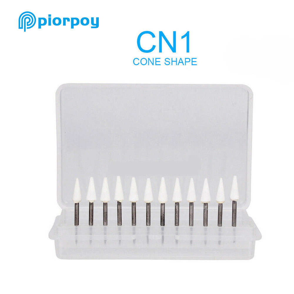 PIORPOY 12 Pcs/Box Dental Polishing Stone White Dentistry Tools Flame Cone Round Shape Porcelain Resin For Handpiece Burs FG
