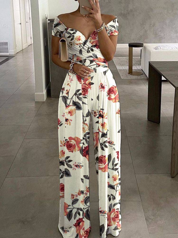 Bloemenprint Jumpsuit Dames Zomer Y2k Rechte Party Overalls Y2k Club Romper Elegant Off Schouder Mouwloze Party Jumpsuits