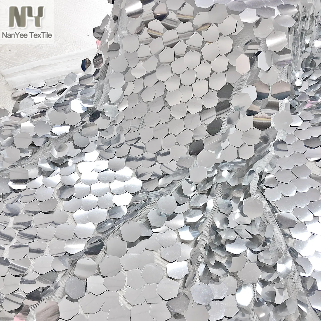 New Arrival Big Large Reflective Silver Gold Hexagon Shape Speical Embroidery Sequin Netting Fabrics Paillette On Polyester Mesh