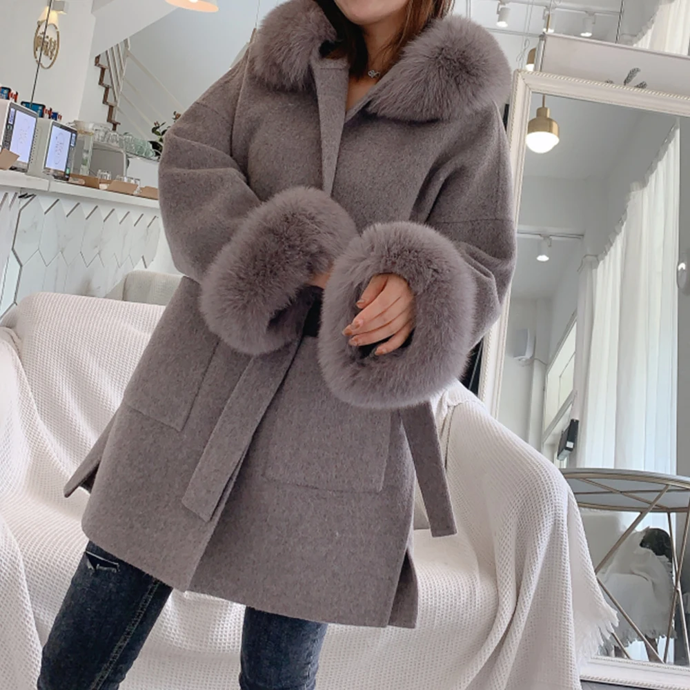 FURYOUME Echtpelzmantel für Damen, Übergröße, lockere Kaschmir-Wollmischungen, natürliche Fuchspelzkapuze, Oberbekleidung mit Gürtel, Winter