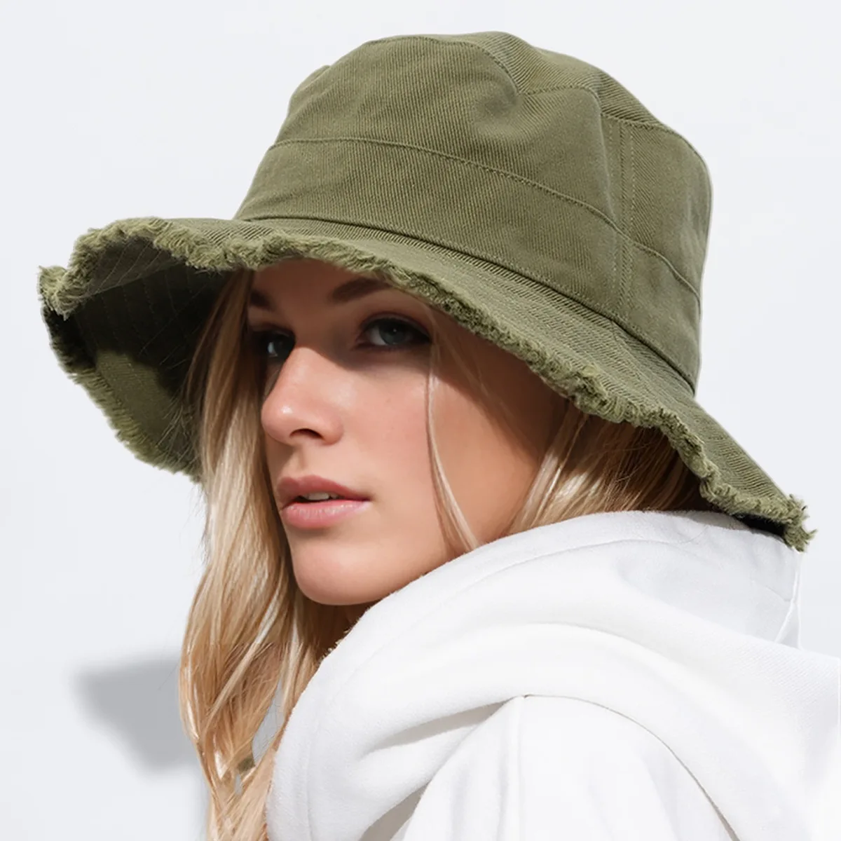 Sombrero de cubo con borde rasgado y cordón de mezclilla para mujer, sombrero para senderismo al aire libre resistente al sol, sombreros de viaje diarios ajustables y de moda