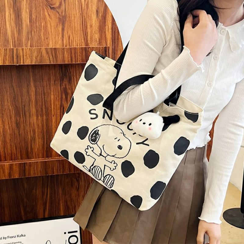 Miniso snoopy bolsa de lona feminina, bolsa de grande capacidade, moda desenho animado, bolsa de ombro multiuso com suspensão