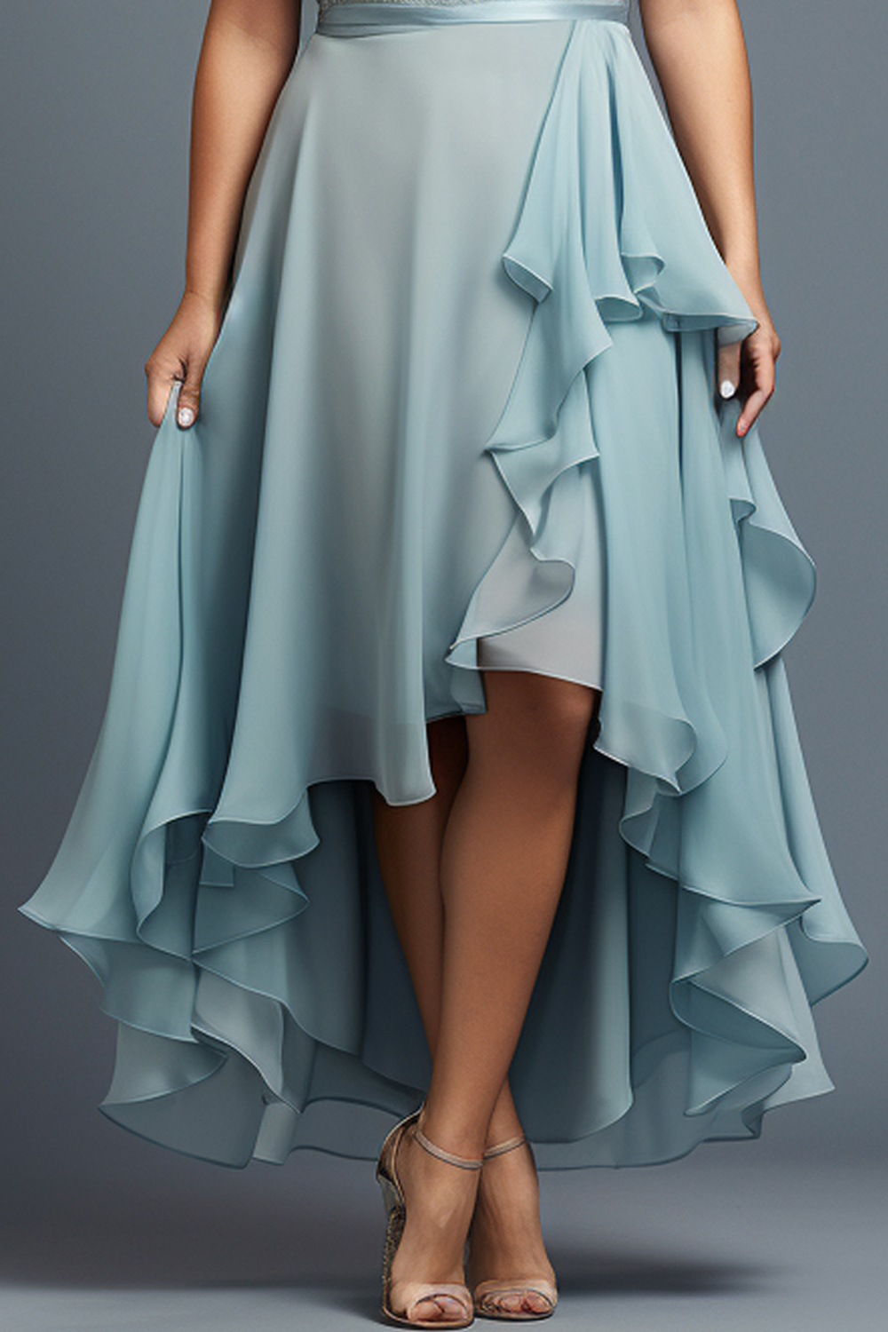 Flycurvy プラスサイズの結婚式のゲスト ライトブルー シフォン レース レイヤード ハイロー ヘム マキシ ドレス