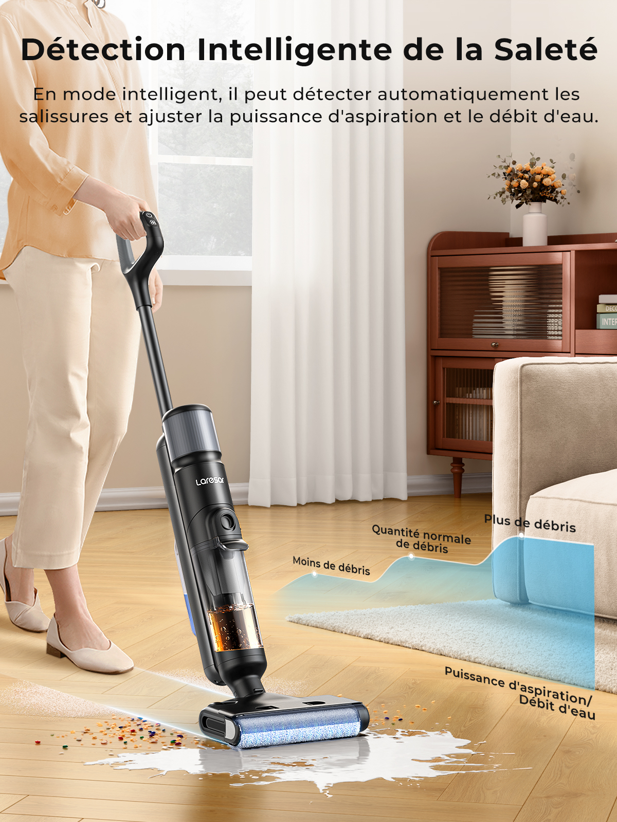 Laresar M3 Aspirateur sans fil pour nettoyage à sec et humide, design pour nettoyage des bords, 55 min d'autonomie, contrôle automatique de l'aspiration, laveur de sol autonettoyant, appareil intelligent.