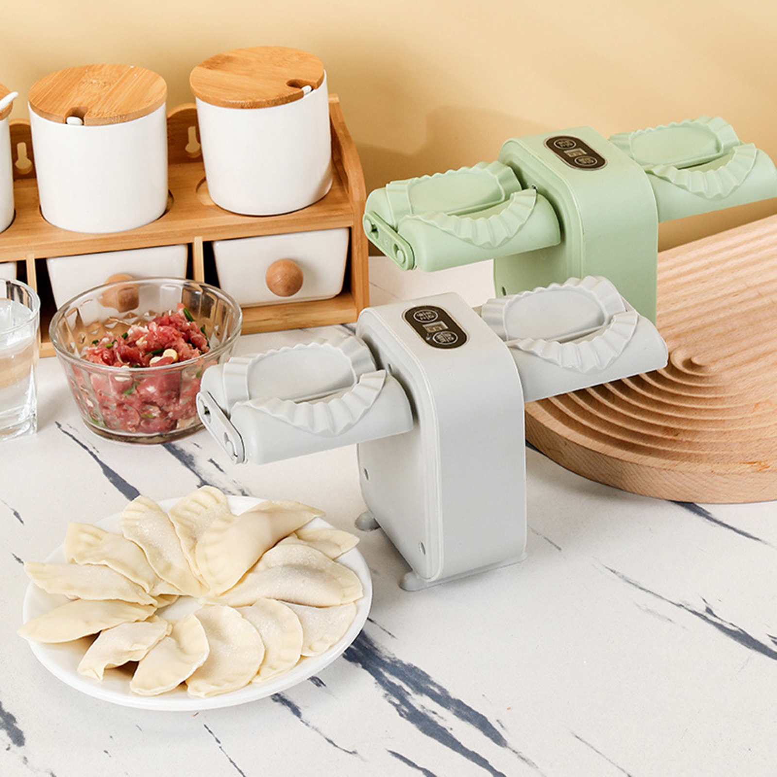 Mesin pembuat pangsit elektrik kepala ganda, alat dapur otomatis pembuat cetakan pangsit rumah tangga