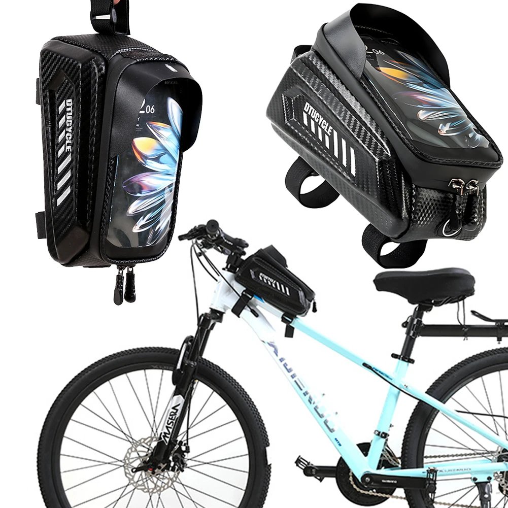 Bolsa para cuadro frontal de teléfono de bicicleta de 1,5 l, bolsa para tubo frontal con pantalla táctil de 7,4 pulgadas, carcasa dura, accesorios para bicicleta