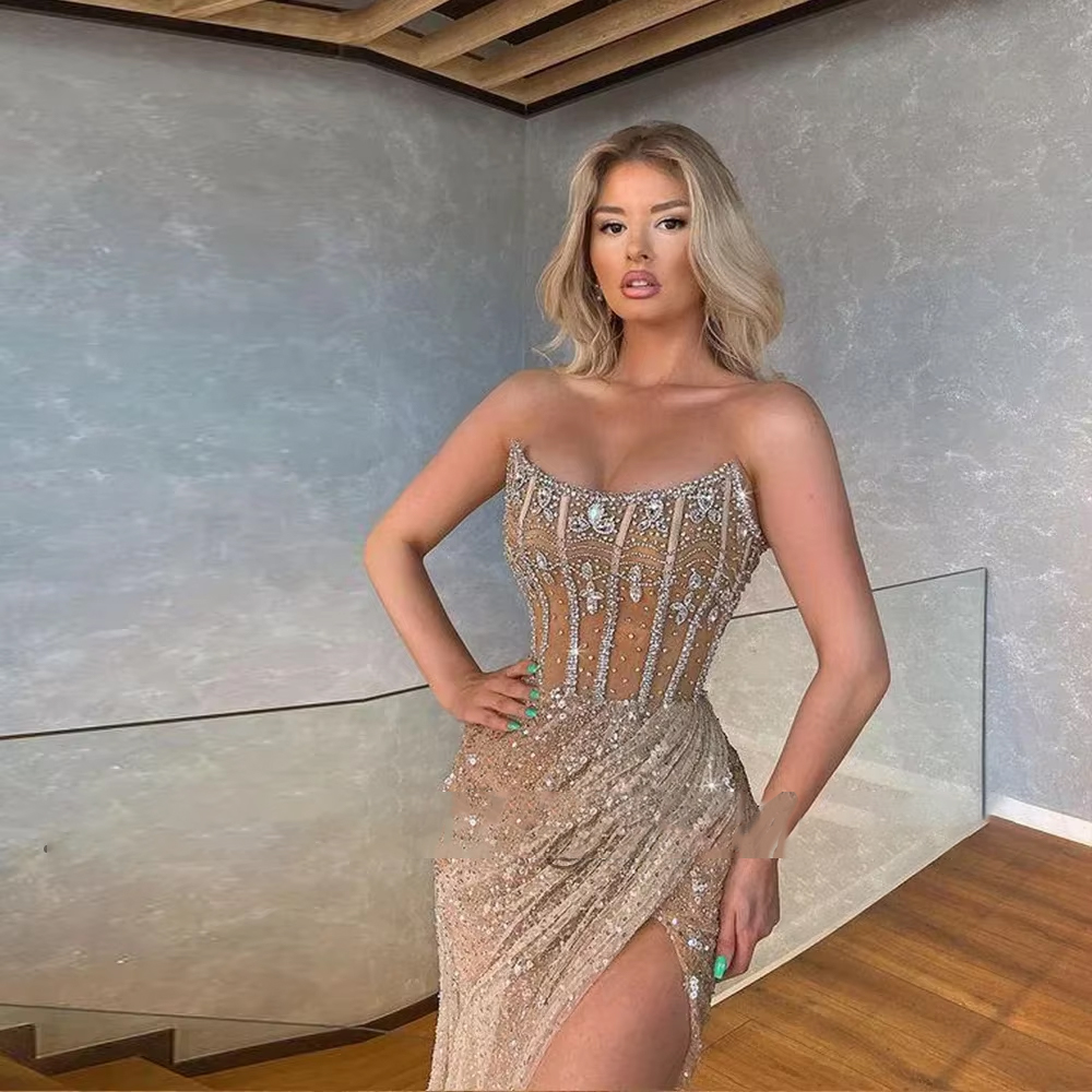 Customize Prom Dressd Luxury Rhinestone Prom Dress Sexy Matching Intricate Sequin Beading Column Strapless Long Dresses