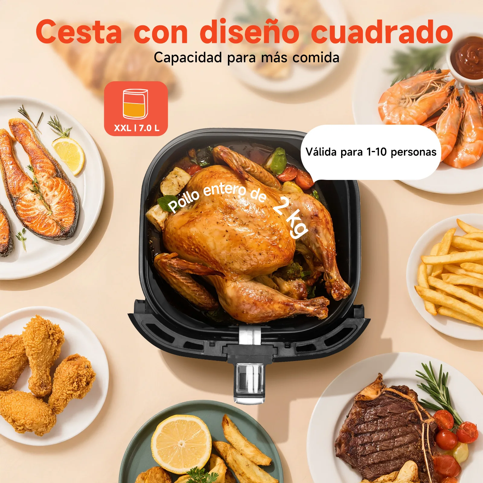 AIGOSTAR Freidora de Aire sin Aceite 7L,1900W, Inteligente. Conexión Wifi.Pantalla LED táctil, 7 funciones preestablecidas + mantener caliente y modo manual, Libre de BPA
