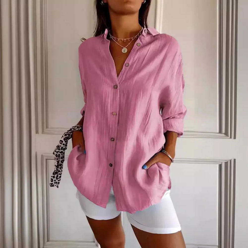 Camisa de lino y algodón con cuello en V para mujer, camisa informal con botones, holgada, con solapa lisa, estilo Retro, para oficina, verano, 2024