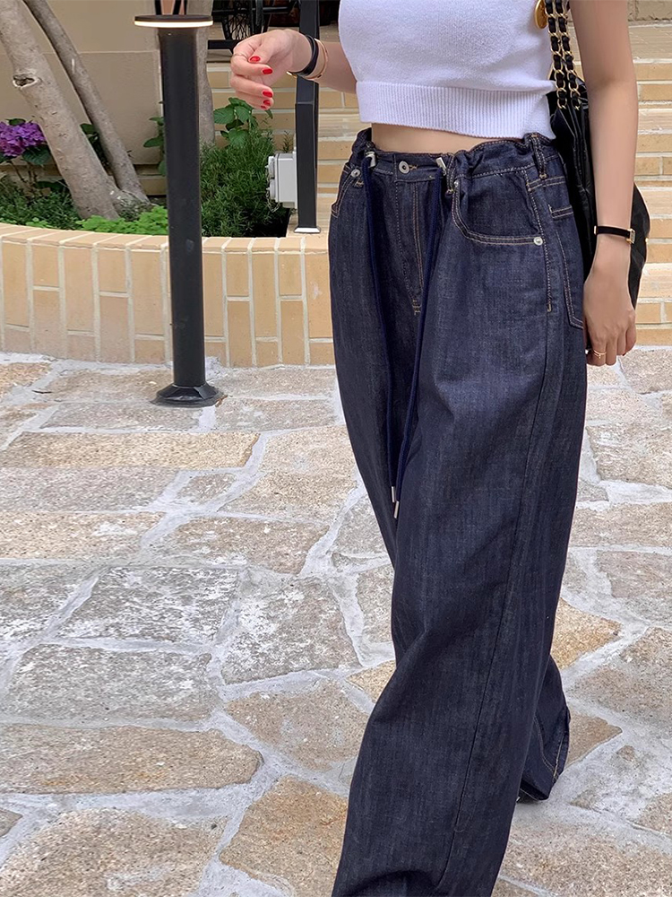 Summer Chic Retro High Waist Dstring Design Straight Leg Wide Leg Jeans Women's Long Pants Versatile Stitching Detail