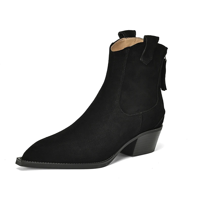 Botas occidentales de gamuza de vaca para mujer, botines Retro de tacón medio con cremallera trasera y punta estrecha, color negro, marrón y caqui, para Otoño e Invierno