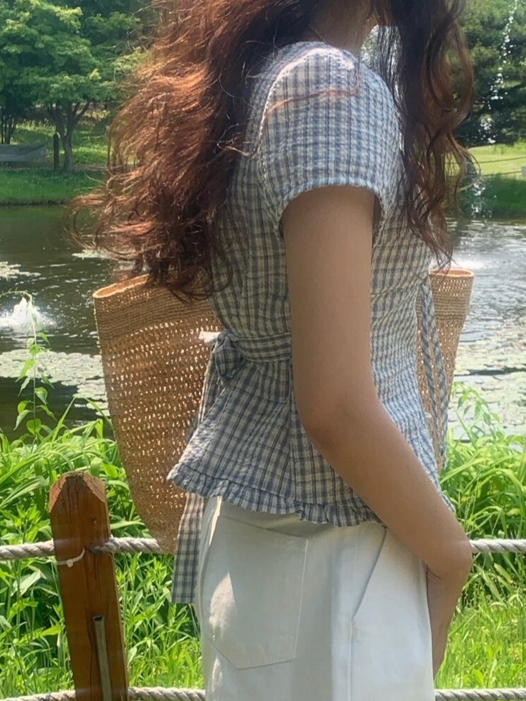 Csa Fena Coreana de Manga Curta com Estampa Xadrez Doce, Design Versátil, Efeito Emaecedor, Nova Chegada de Verão, E...