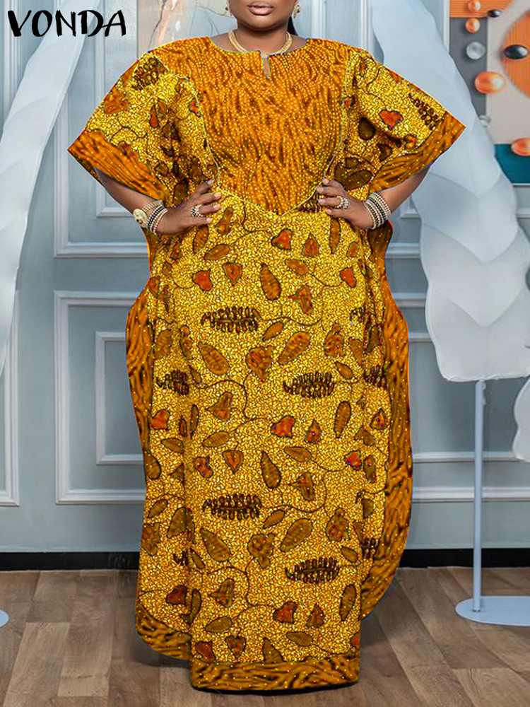 プラスサイズ 5XL 女性マキシロングドレス 2025 夏半袖パーティーサンドレス VONDA セクシーなプリント床長さの Vestidos ローブ