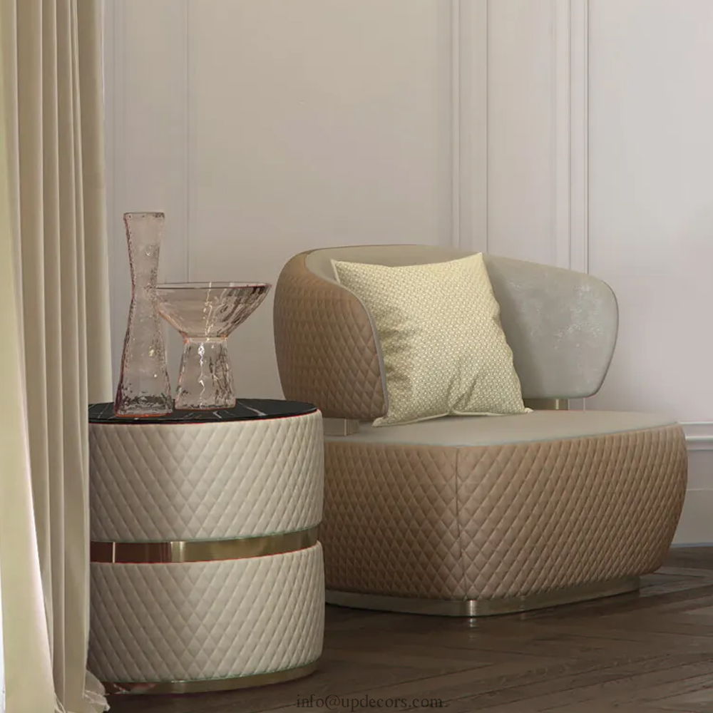 Italian Quilted Leather Veneered Round Coffee Table Tea Table Furniture