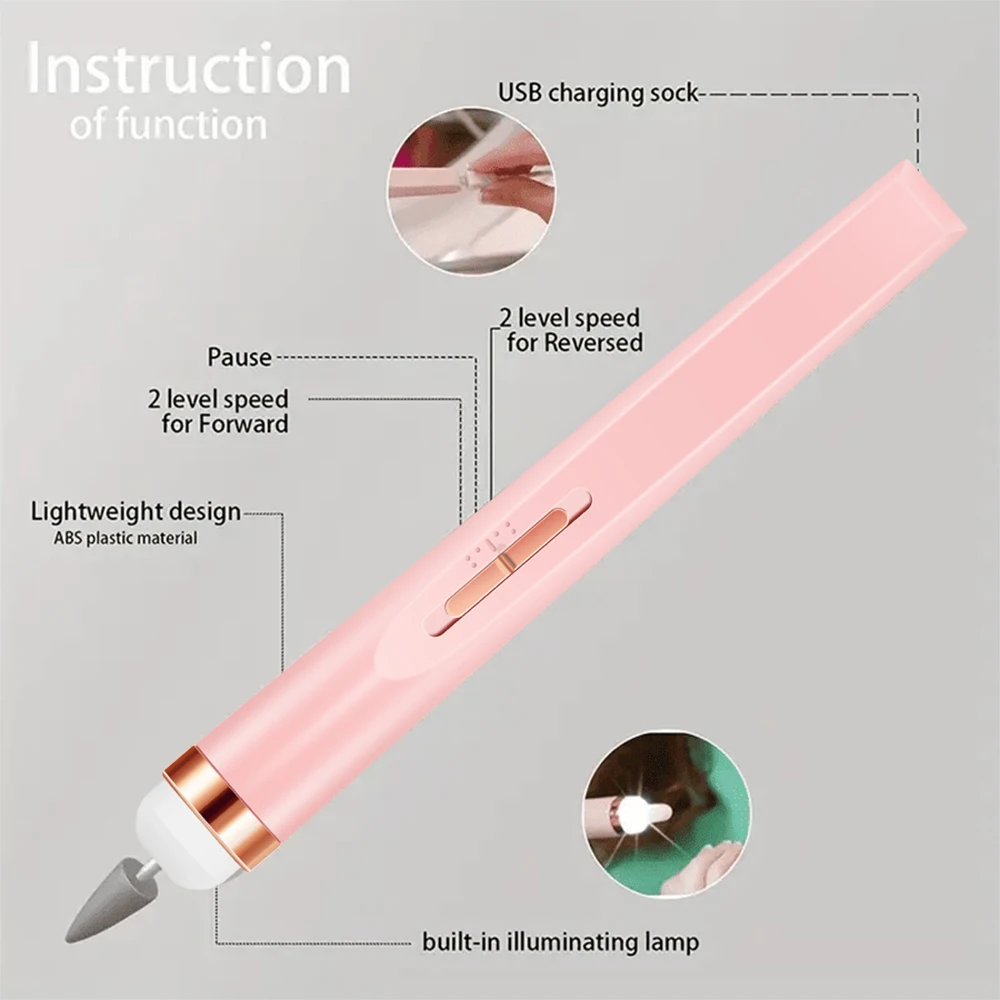 YIKOOLIN juego de cuidado de lima de uñas portátil, luz LED ajustable, 4 velocidades, 12 brocas de fijación, carga USB, uso doméstico