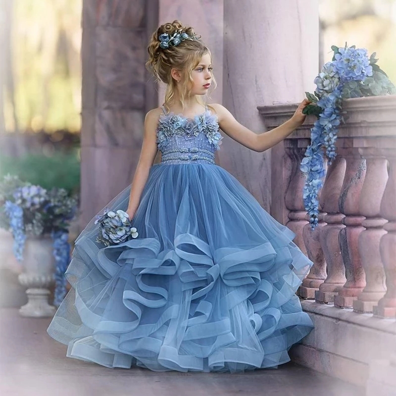 Пыльно-синие платья с цветочным узором для девочек на свадьбу Robe De Mariage, детские пышные платья, тюлевое платье с рюшами для первого причастия