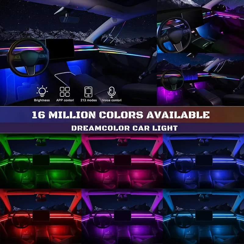 Kit de Luz Atmosfera Interior do Carro, Dual Zone, 64 Cores, Arco-íris, Neon, Bluetooth App, Sinfonia, RGB Acrílico, Luzes Ambiente, 18, 22 em 1