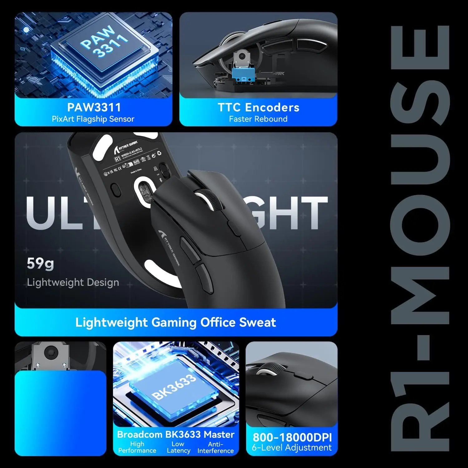 MAMBASNAKE x ATTACK SHARK R1 59g SUPERLIGHT Mouse, PixArt PAW3311 Gaming Sensor, BT/2.4G Wireless/Wired Gaming Mouse