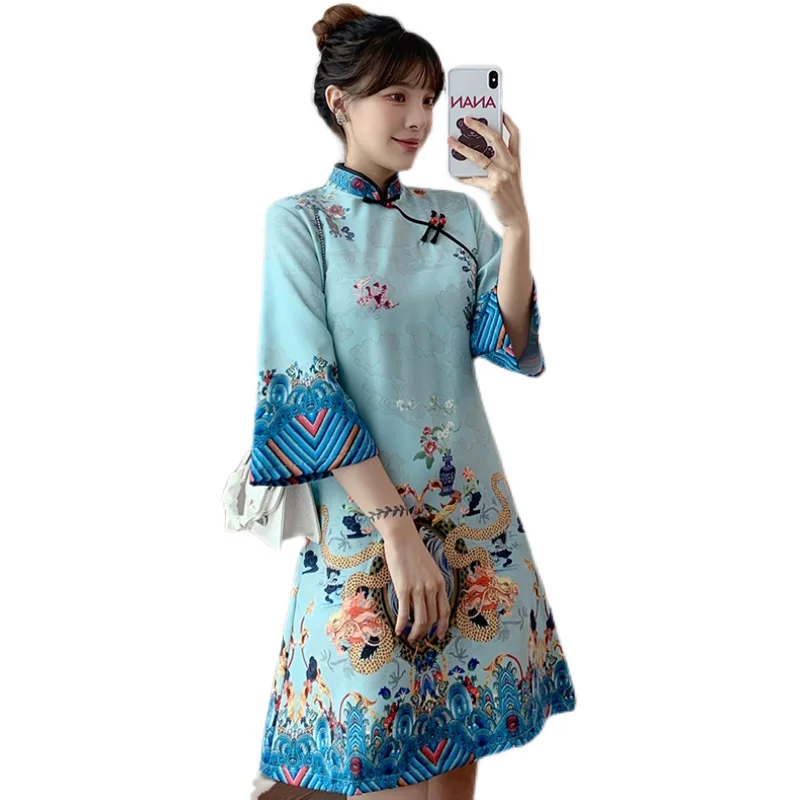 INSสีแดงสีฟ้าหลวม 2021 ใหม่แฟชั่นโมเดิร์นจีนCheongsam A-Lineชุดผู้หญิง 3/4 แขนQipaoเสื้อผ้าจีนแบบดั้งเดิม